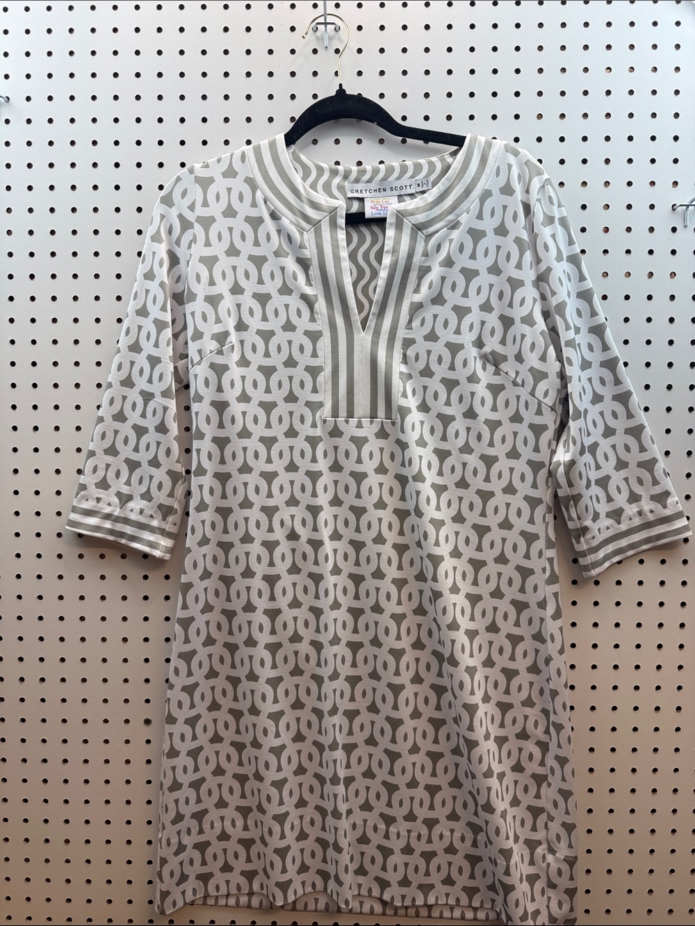 Gretchen Scott Designs Taupe & White Geometric Midi Tunic Dress